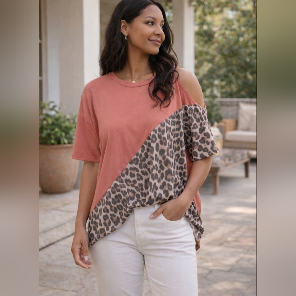 Colorblock Leopard Print Top Coral Pink Statement Boho XL